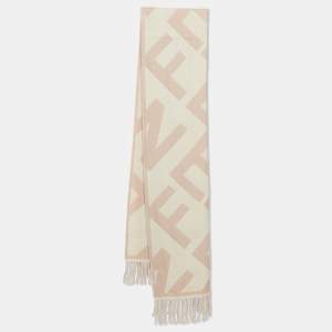 Fendi Pink Logo Jacquard Wool Fringed Muffler