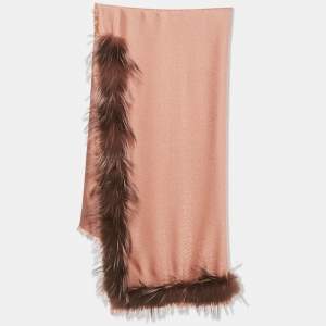 Pre Owned Fendi Pink Zucca Silk and Wool Fur Trimmed Shawl 