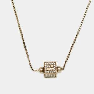 Pre Owned Fendi FF Crystal Cube  Gold Tone Station necklace 