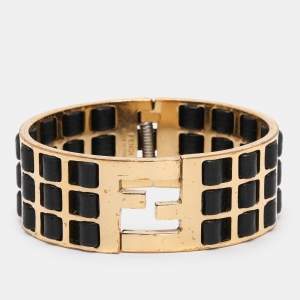 Pre Owned Fendi FF Gold Tone Metal and Black Leather Detail Cuff Bracelet