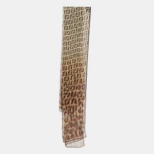 Pre Owned Fendi Brown Zucca & Leopard Print Silk Scarf