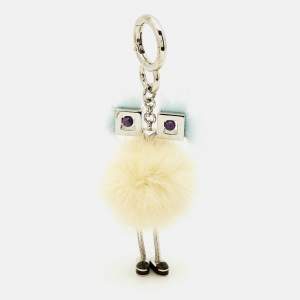Pre Owned Fendi Bag Charm Yellow/Blue Fox Fur Hypnoteyes Chick Pom Pom 