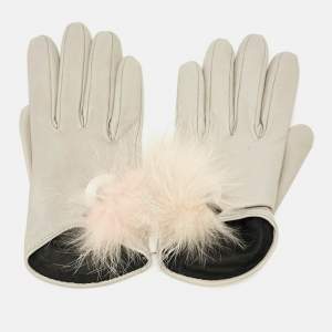 Pre Owned Fendi Grey Fox Fur Leather Gloves S
