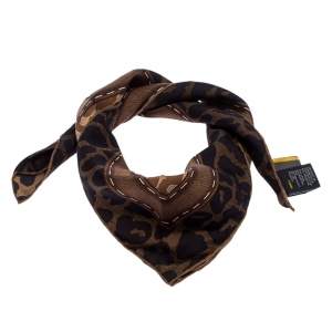 Pre Owned Fendi Brown Leopard Print Silk Square Scarf 