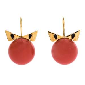 Pre Owned Fendi Crystal Wonder Coral Bead Gold Tone Hook Earrings