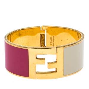 Pre Owned Fendi Fendista Bi-color Enamel Gold Tone Wide Bracelet S