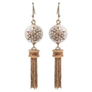 Fendi Gold Tone Crystal & Faux Pearl Tassel Earrings