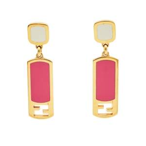 Pre Owned Fendi Gold Tone Pink Enamel Drop Earrings
