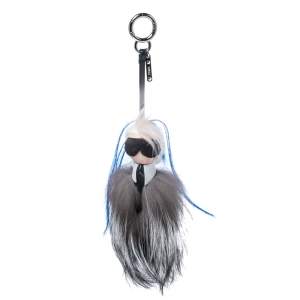Pre Owned Fendi Monochrome Fox & Mink Fur Mini Karlito Bag Charm