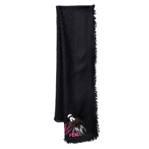 Pre Owned Fendi Black Applique Detail Karlito Silk & Wool Scarf