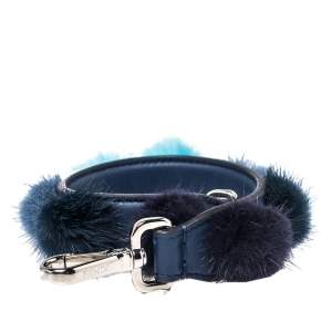 Pre Owned Fendi Blue Leather With Multicolor Mink Fur Pompoms Bag Strap 