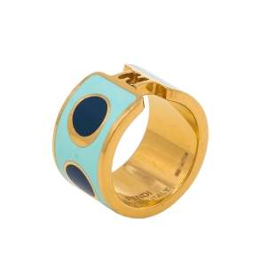 Pre Owned Fendi Fendista Blue Polka Dot Enamel Gold Tone Band Ring S