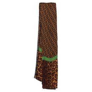 Pre Owned Fendi Brown Zucca Monogram & Animal Printed Silk Stole 