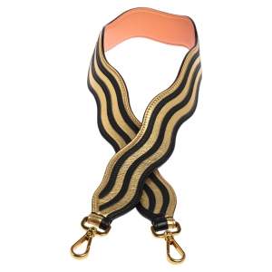 Pre Owned Fendi Gold/Black Leather Wave Stripe Strap You Shoulder Bag Strap