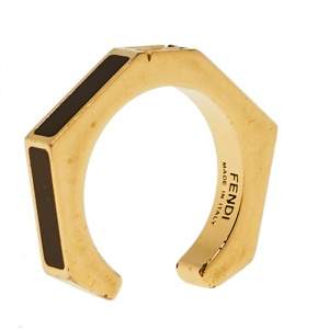 Fendi Gold Tone Brown Enamel Baguette Ring Size 51