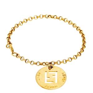 Fendi Identification Charm Gold Tone Metal Link Bracelet