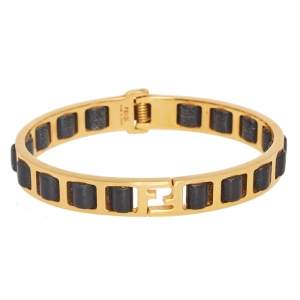 Pre Owned Fendi Fendista Black Leather Gold Tone Metal Bracelet L