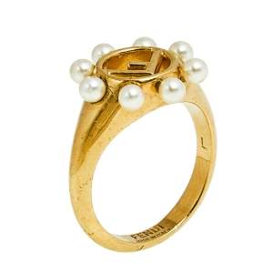 Pre Owned Fendi Gold Tone F Is Fendi Pearl Ring L
