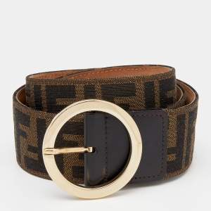 مملوكة مسبقًا Fendi Tobacco Zucca Canvas And Leather Round Buckle Belt 90 CM