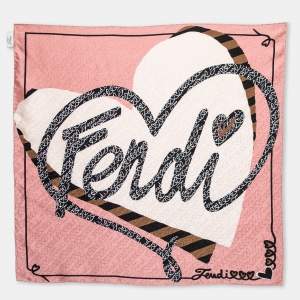 Pre Owned Fendi Pink Logo Heart Silk Square Scarf