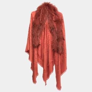 Pre Owned Fendi Orange FF Jacquard Wool & Silk Fur Trimmed Shawl 