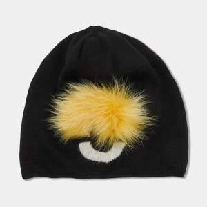Pre Owned Fendi Black Monster Eye Wool Fur Appliqued Beanie 