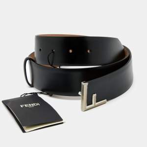 مملوكة مسبقًا حزام فندي جلد أسود إبزيم شعار حرف أف 90 سم