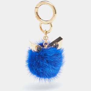 Pre Owned Fendi Monster Eye Mini Blue Fur Pom Pom Bag Charm