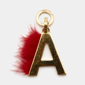 Pre Owned Fendi ABclick Red Fur Gold Plated Metal Letter A Charm