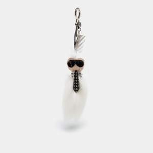 Pre Owned Fendi White Fur Karlito Key Ring / Bag Charm