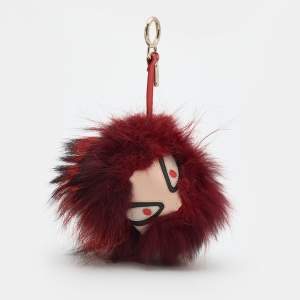 Pre Owned Fendi Red Fur Bag Bugs Leather Key Chain / Bag Charm