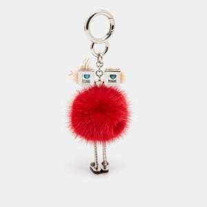 Pre Owned Fendi Red/Peach Mink Fur Hypnoteyes Chick Pom Pom Bag Charm