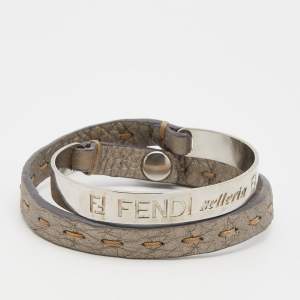 Fendi Selleria Silver Tone Cuff & Metallic Leather Double Wrap Bracelet