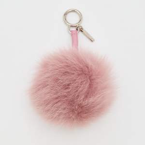 Pre Owned Fendi Dusty Pink Pom Pom Fur and Leather Bag Charm
