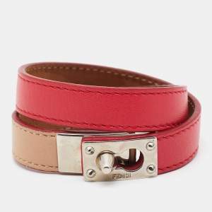 Fendi Red/Beige Leather Silver Tone Double Wrap Bracelet