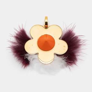 Pre Owned Fendi Flower Fox Fur Resin Gold Tone Bag Charm
