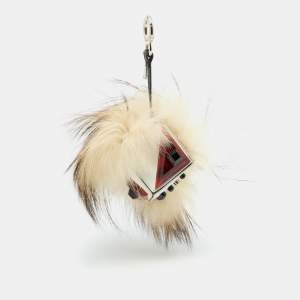 Pre Owned Fendi Mulitcolor Fox Fur and Leather Eye Studded Cube Monster Bag Charm