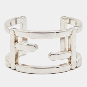 Pre Owned Fendi Silver Tone Zucca Cutout Open Cuff Bracelet