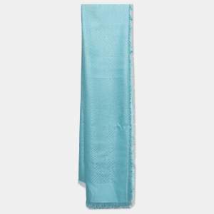 Pre Owned Fendi Blue FF Monogram Jacquard Silk & Wool Shawl 