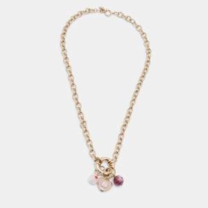 Fendi Pink Enamel Logo Heart & Beads Charm Gold Tone Necklace