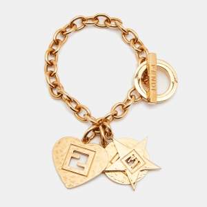 Pre Owned Fendi Heart Star Charm Gold Tone Chain Link Toggle Bracelet