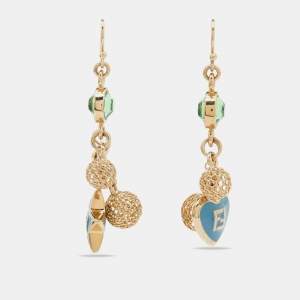Fendi Gold Tone Logo Star Enamel & Mesh Ball Dangle Earrings