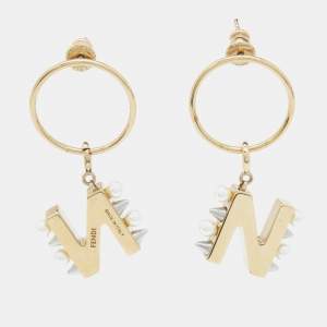 Fendi  Gold Tone Pearl & Rockstudd Embellished N Letter Charm Drop Earrings 