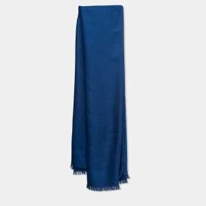 Pre Owned Fendi Blue FF Jacquard Silk & Wool Shawl