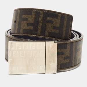 Fendi Tobacco/Blue Zucca Coated Canvas FF Plague Reversible Belt 120CM