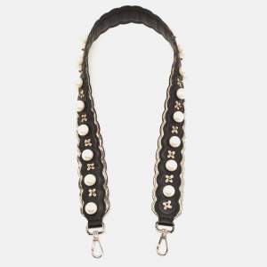 Pre Owned Fendi Black/Cream Leather and Watersnake Pearl Embellished Shoulder Bag Strap