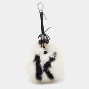 Fendi White/Black Fox Fur and Leather Karlito Pom Pom Bag Charm