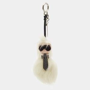 Pre Owned Fendi White/Black Mink Fur and Leather Studded Karlito Tuxedo Bag Charm