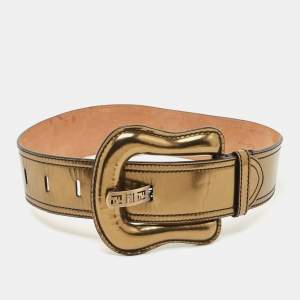 Pre Owned Fendi Gold Patent Leather Buckle B Waist Belt 70CM