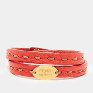 Pre Owned Fendi Sellaria Leather Gold Tone Wrap Bracelet